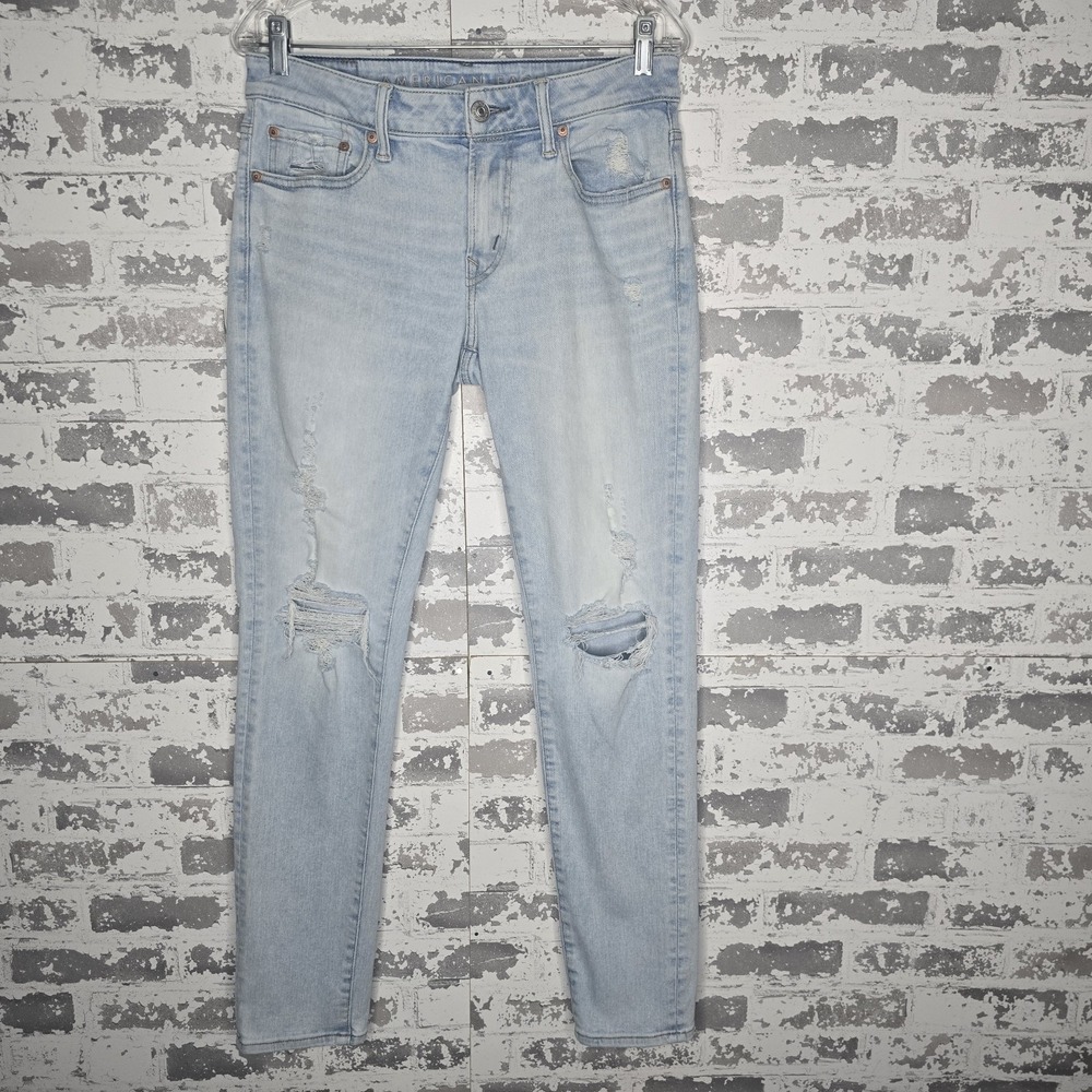 American Eagle Jeans Mens 30x31 Skinny Straight Leg Light‎ Blue Wash Distressed